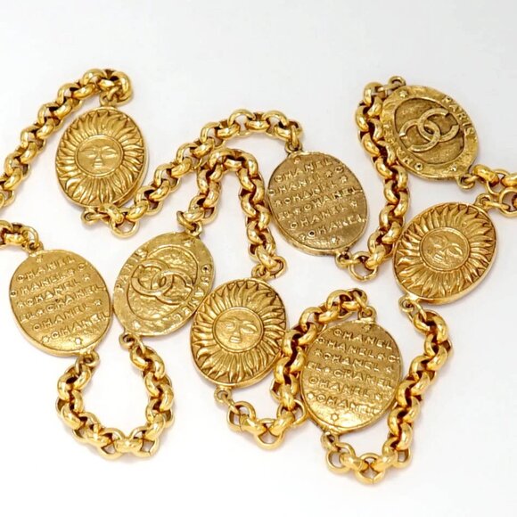 CHANEL CC Logos PARIS Sun Oval Coin Necklace 35" Gold Tone 28 Auth w/Box #792-3 - Picture 4 of 7